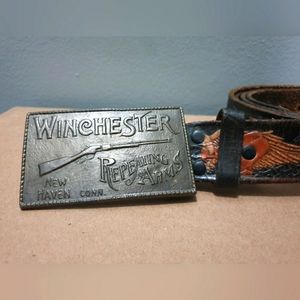 Vintage Winchester belt buckle w/ eagle stamped leather belt